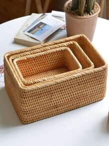 1pc Bamboo Storage Basket, Desktop Storage Basket For Home - Khaki - View 5