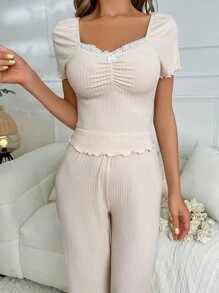 Tương phản ren xếp nếp bán thân xà lách trang trí PJ Set / Pajama Set - Màu be - Xem 5