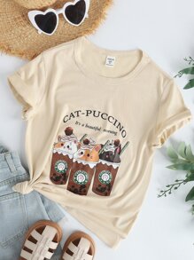 SHEIN Chicas Camiseta con estampado de slogan y dibujos animados - Albaricoque - Ver 1