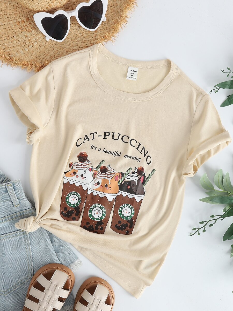 SHEIN Chicas Camiseta con estampado de slogan y dibujos animados - Albaricoque - Ver 1