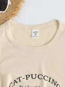 SHEIN Chicas Camiseta con estampado de slogan y dibujos animados - Albaricoque - Ver 5