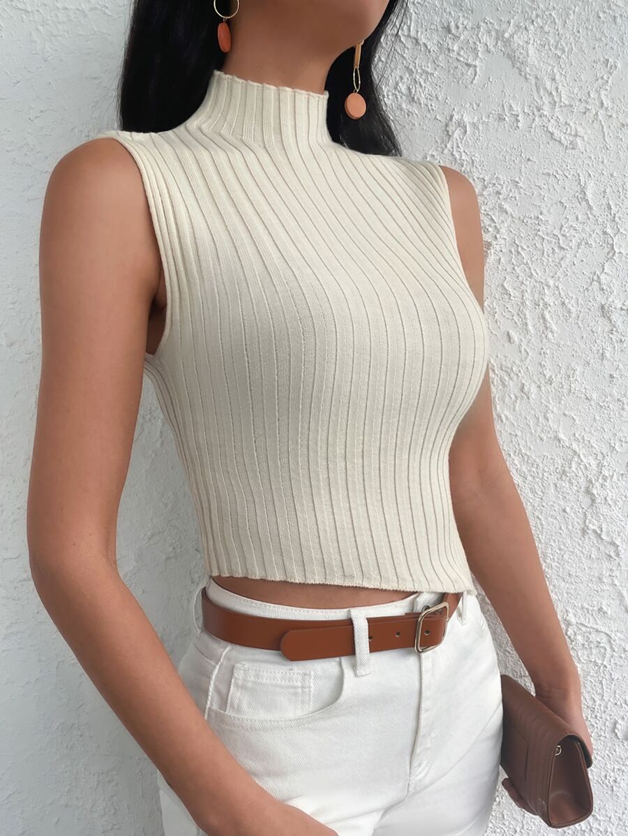 EURMUSE Mock Neck Crop Ribbed Knit Top - Apricot - View 1