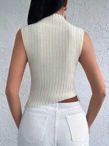 EURMUSE Mock Neck Crop Ribbed Knit Top - Apricot - View 2