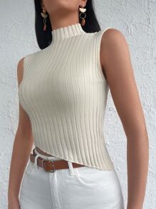 EURMUSE Mock Neck Crop Ribbed Knit Top - Apricot - View 3