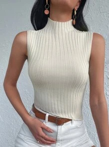 EURMUSE Mock Neck Crop Ribbed Knit Top - Apricot - View 4