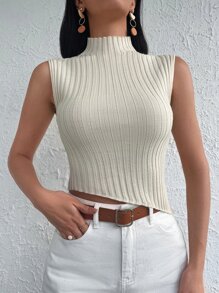 EURMUSE Mock Neck Crop Ribbed Knit Top - Apricot - View 5
