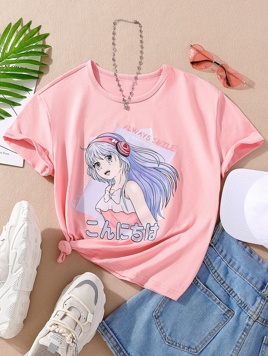 SHEIN 女孩卡通人物圖案T恤 - 粉色 - 查看 1