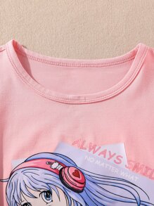 SHEIN 女孩卡通人物圖案T恤 - 粉色 - 查看 3