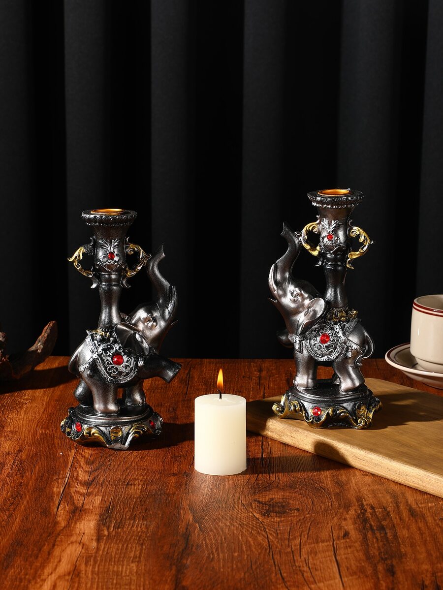 1pc Porcelain Candle Holder, Vintage Elephant Design Rhinestone Design Candle Stand For Home - Multicolor - View 1