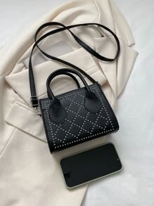 時尚鑲釘小方形手提包 - 黑色 - 查看 5