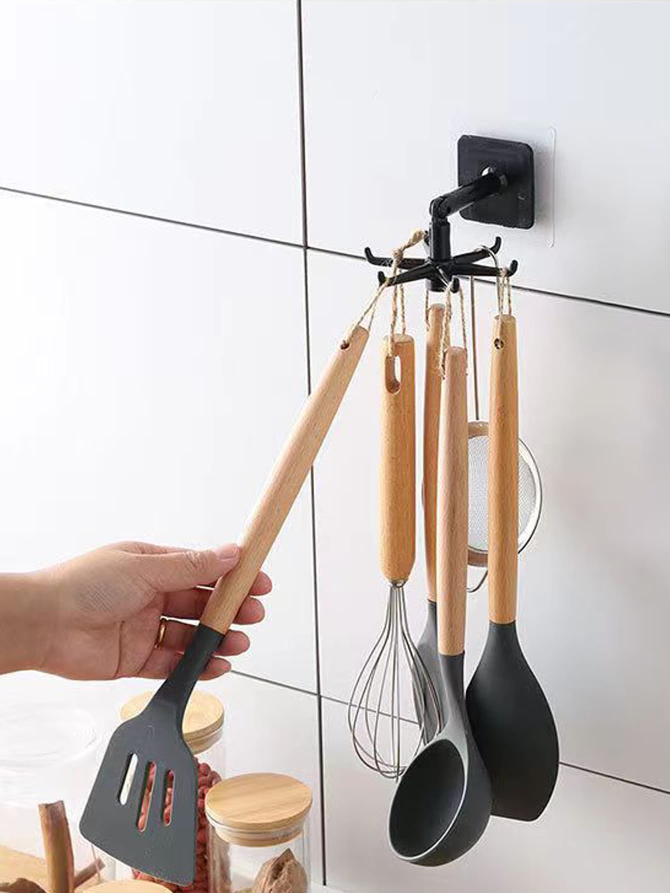 1pc/2pcs/4pcs 6-Hook Rotatable Hanger (Random Color) - Black - View 1