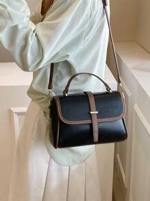 撞色滾邊翻蓋方包 - 黑色 - 查看 3