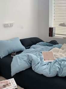 3 Pcs Light Blue & Deep Blue Dorm/Bedroom Bedding Set, Includes 1 Duvet Cover & 2 Pillow Shams, No Filling, Machine Washable, Back To School - Blue - View 5