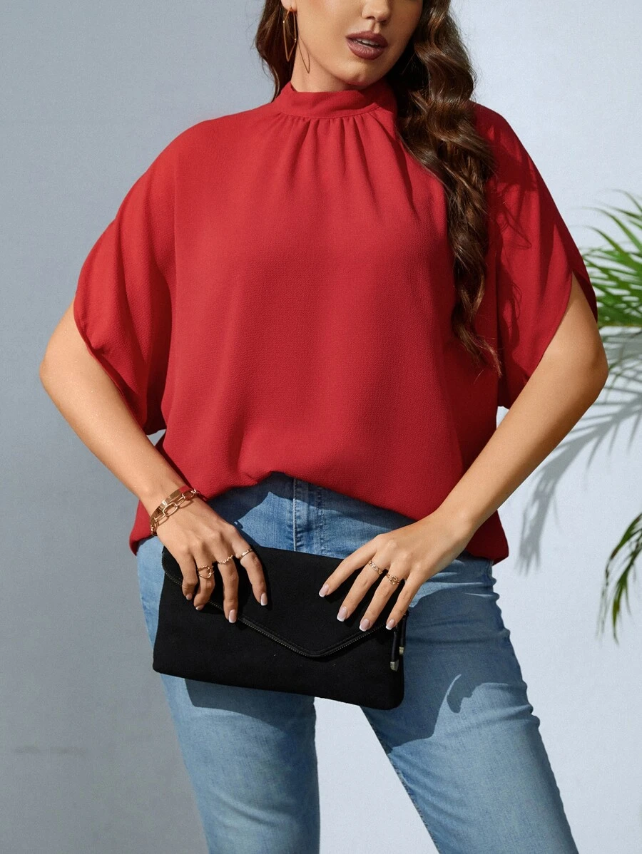 SHEIN Privé Plus Mock Neck Batwing Sleeve Blouse - Burgundy - View 1