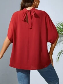 SHEIN Privé Plus Mock Neck Batwing Sleeve Blouse - Burgundy - View 2