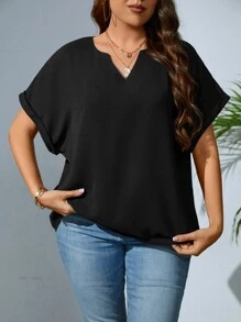 SHEIN LUNE Plus Notched Neckline Batwing Sleeve Blouse - Black - View 1
