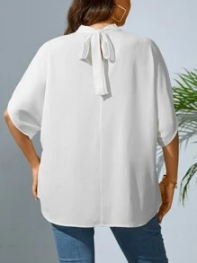 SHEIN Privé Plus Mock Neck Batwing Sleeve Tie Back Blouse - White - View 2