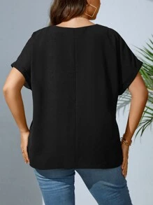 SHEIN LUNE Plus Notched Neckline Batwing Sleeve Blouse - Black - View 2