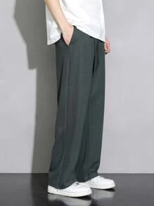 Men Drawstring Waist Wide Leg Trousers - Dark Grey - View 3