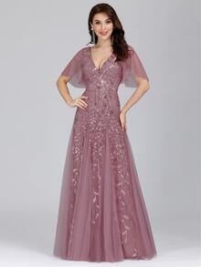 优雅蝴蝶袖花卉亮片闪亮正式晚礼服