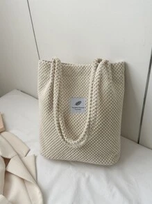 Letter Patch Decor Corduroy Square Bag - White - View 1