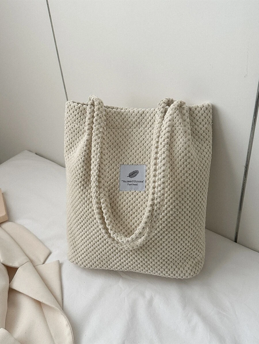 Letter Patch Decor Corduroy Square Bag - White - View 1