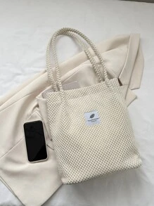 Letter Patch Decor Corduroy Square Bag - White - View 5