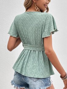 SHEIN Frenchy Tricou cu curea cu mânecă fluture, broderie cu ochi - Menta verde - Vizualizare 2