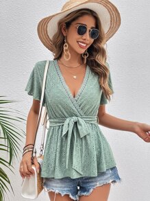 SHEIN Frenchy Tricou cu curea cu mânecă fluture, broderie cu ochi - Menta verde - Vizualizare 3