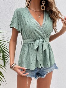 SHEIN Frenchy Tricou cu curea cu mânecă fluture, broderie cu ochi - Menta verde - Vizualizare 4