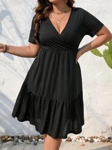 SHEIN LUNE Plus Surplice Neck Ruffle Hem Dress - Black - View 3