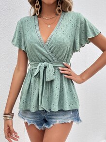 SHEIN Frenchy Tricou cu curea cu mânecă fluture, broderie cu ochi - Menta verde - Vizualizare 6