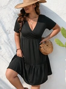 SHEIN LUNE Plus Surplice Neck Ruffle Hem Dress - Black - View 4