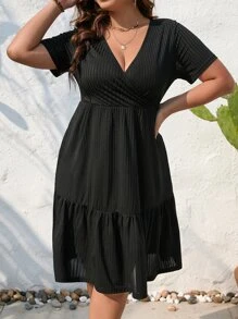 SHEIN LUNE Plus Surplice Neck Ruffle Hem Dress - Black - View 5