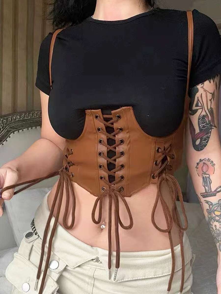 Lace Up Harness Belt - Camel - View 1