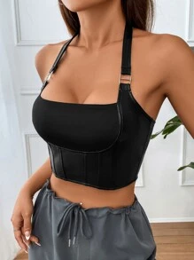 SHEIN EZwear Áo khoác và áo lót dành cho xe tăng nữ Lộ Lưng Dây kéo màu trơn Gợi cảm - màu đen - Xem 4