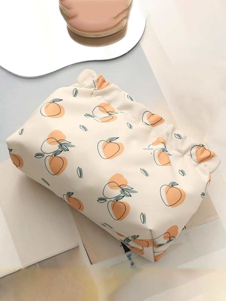 1pc Orange Pattern Storage Bag, Cartoon Orange Pattern PU Sanitary Napkin Bag For Travel