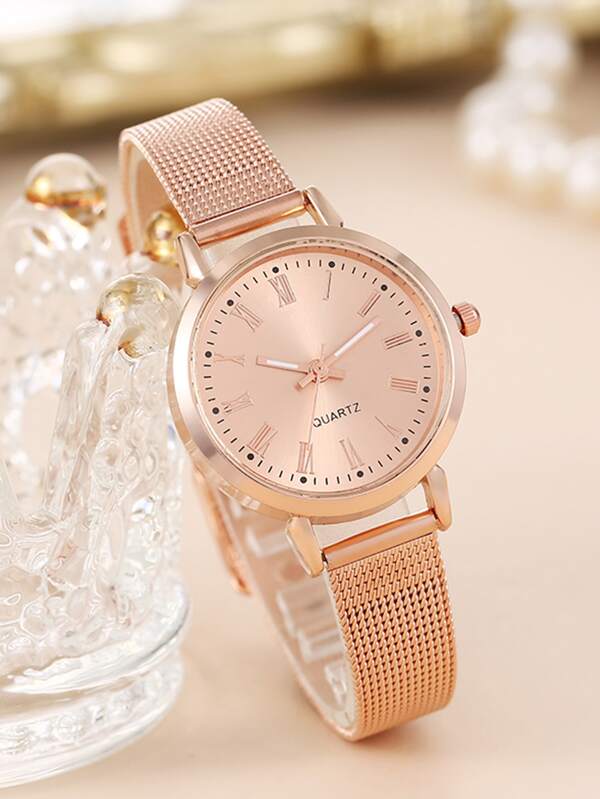 1pc Ladies' Fashionable Elegant Mesh Strap Watch With Roman Numerals, Suitable For Daily Decoration As A Gift For Students Returning To School