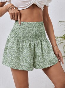 SHEIN VCAY 碎花打褶寬腰帶闊腿短褲 - 彩色 - 查看 1