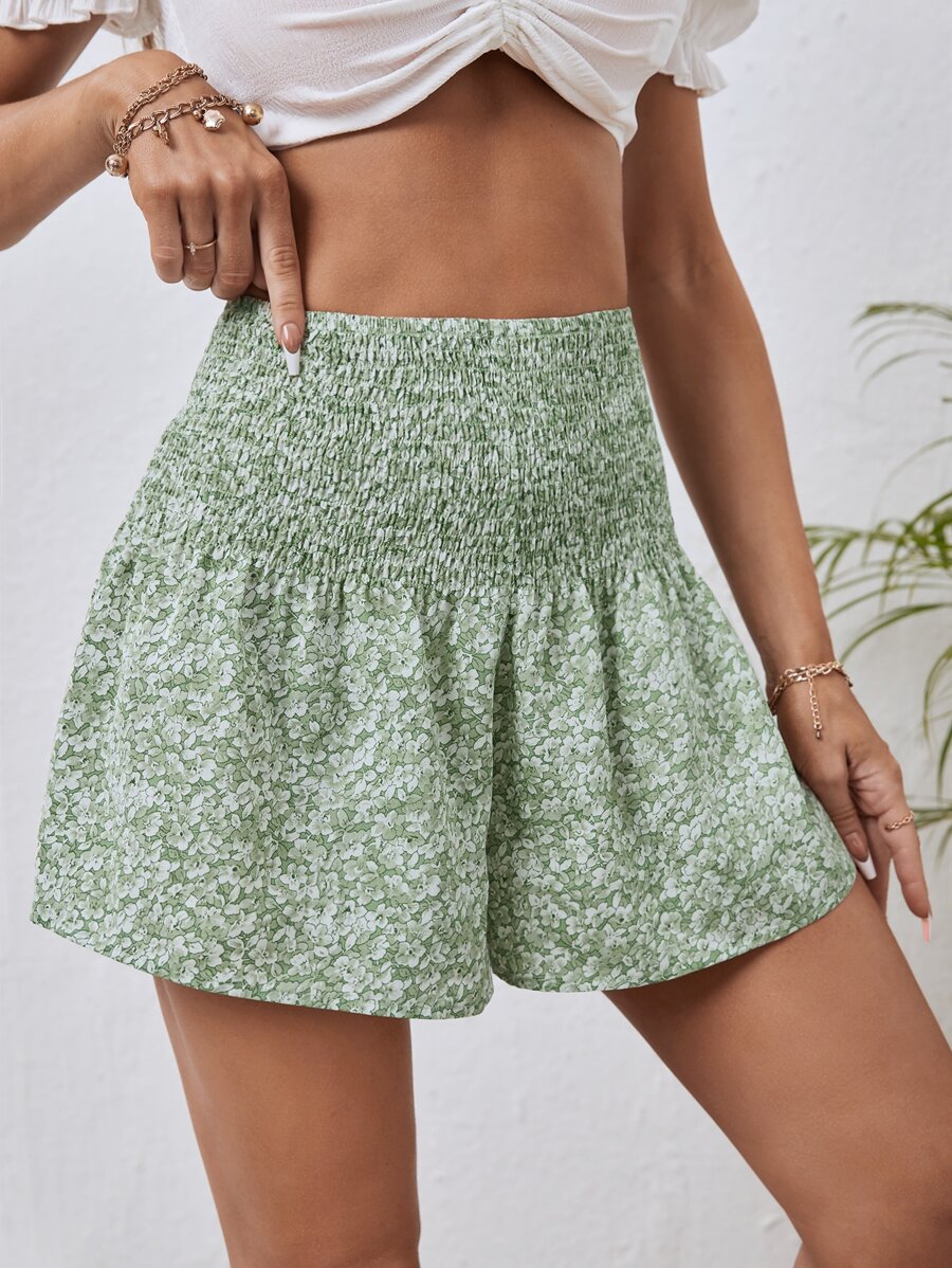 SHEIN VCAY 碎花打褶寬腰帶闊腿短褲 - 彩色 - 查看 1