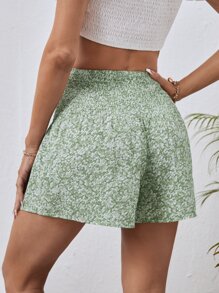 SHEIN VCAY 碎花打褶寬腰帶闊腿短褲 - 彩色 - 查看 2