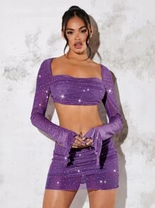 SHEIN BAE 亮片拼接方領荷葉袖短款上衣和半身裙不附腰帶 - 紫色 - 查看 3