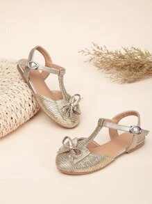 Glamorous Ankle Strap Flats For Girls, Metallic Texture Embossed Bow Decor Outdoor Flats - Gold - View 1