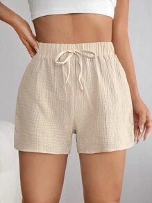 SHEIN PETITE Quần đùi nữ Thắt nút màu trơn Giải trí - Màu be - Xem 1