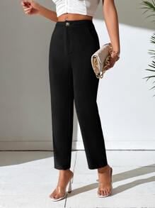 SHEIN PETITE 净色斜口袋裤子 - 黑色 - 查看 6