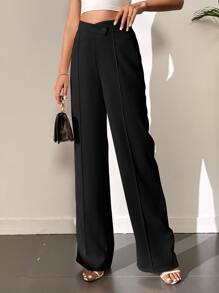 SHEIN Tall 净色高腰直筒裤 - 黑色 - 查看 5