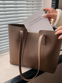 Litchi Pattern Large Capacity Tote Bag Women Shoulder Bag - Chocolate Brown - View 6