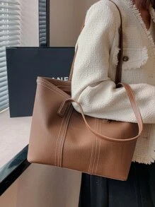 Litchi Pattern Large Capacity Tote Bag Women Shoulder Bag - Chocolate Brown - View 7