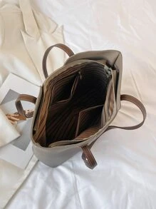 复古荔枝图案大容量托特包女士单肩包书包，大容量，经典休闲，便携，适合少女女大学生，非常适合返校、购物、初中、高中、大学，引人注目的女士工作包 - 卡其色 - 查看 6