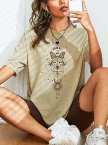 SHEIN EZwear Áo thun nữ Con số Loại bướm Giải trí - Màu Khaki - Xem 1